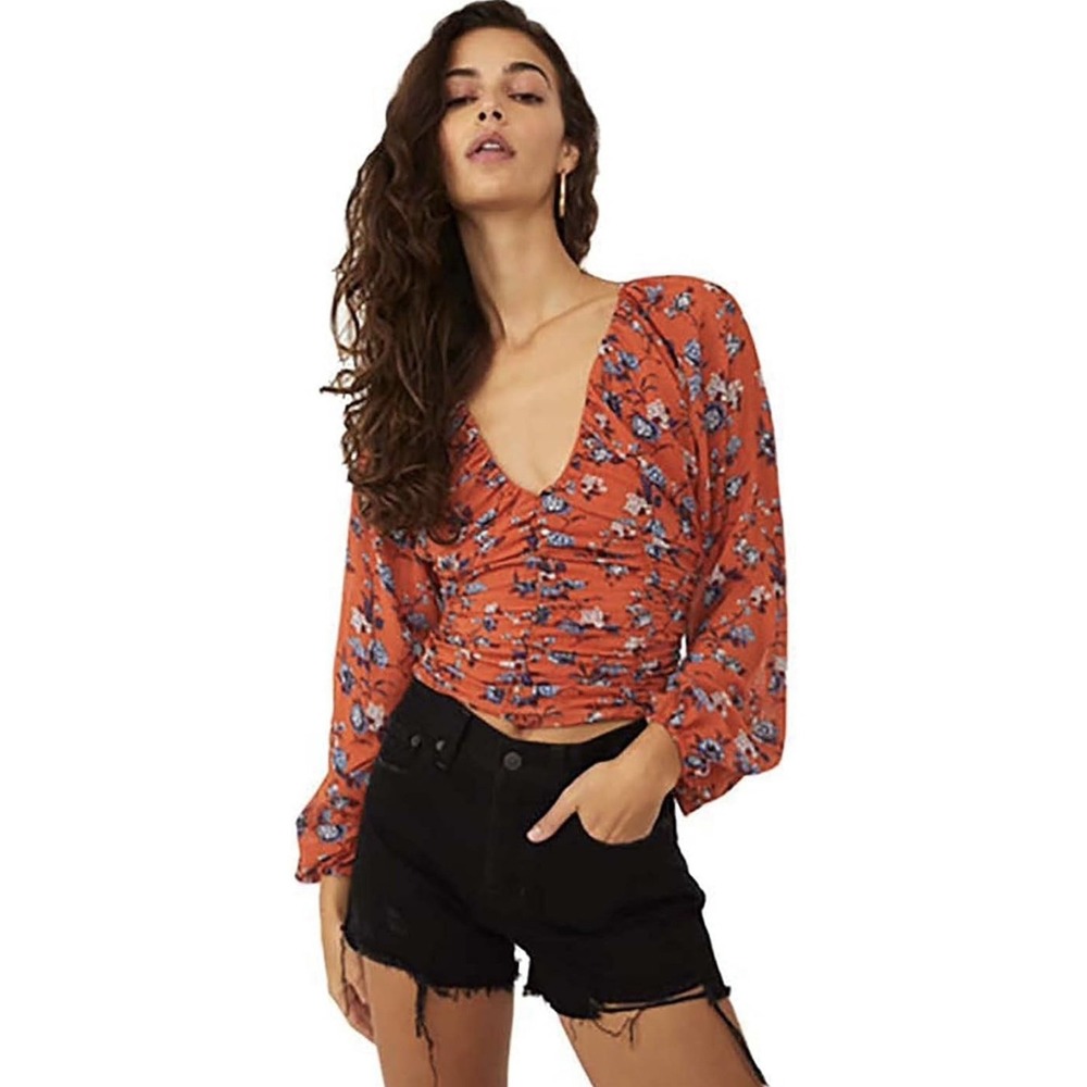 Free People Women's Rust Combo New Final Rose Blouse‎ Size L EUC Fall Boho